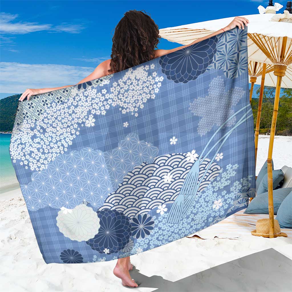 Blue Palaka Japanese Patterns Sarong Asanoha Seigaiha Sakura Motif - Polynesian Pride