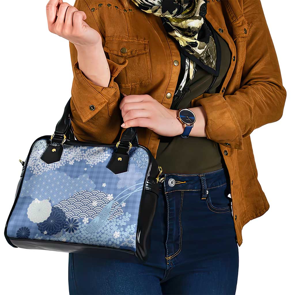 Blue Palaka Japanese Patterns Shoulder Handbag Asanoha Seigaiha Sakura Motif - Polynesian Pride