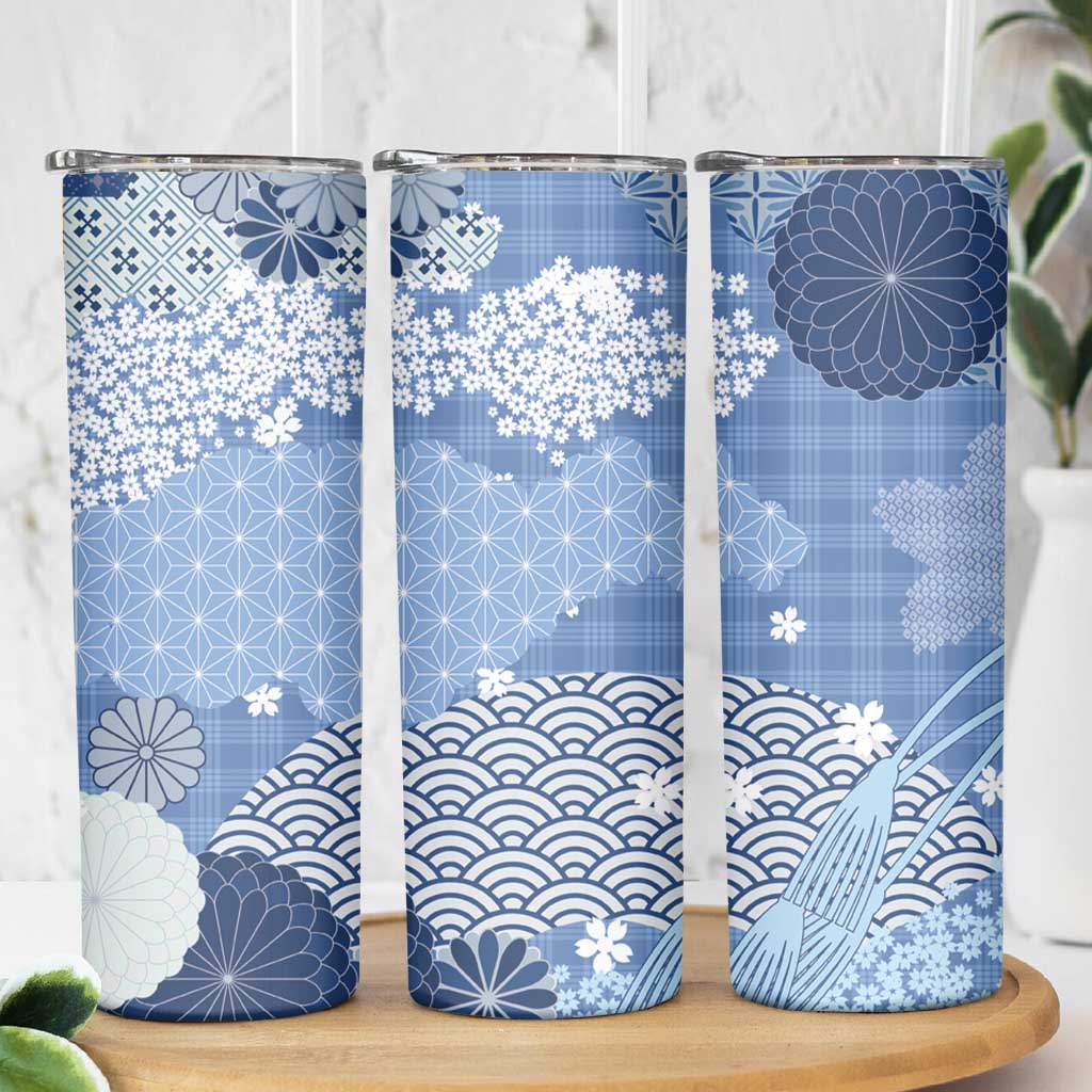 Blue Palaka Japanese Patterns Skinny Tumbler Asanoha Seigaiha Sakura Motif - Polynesian Pride
