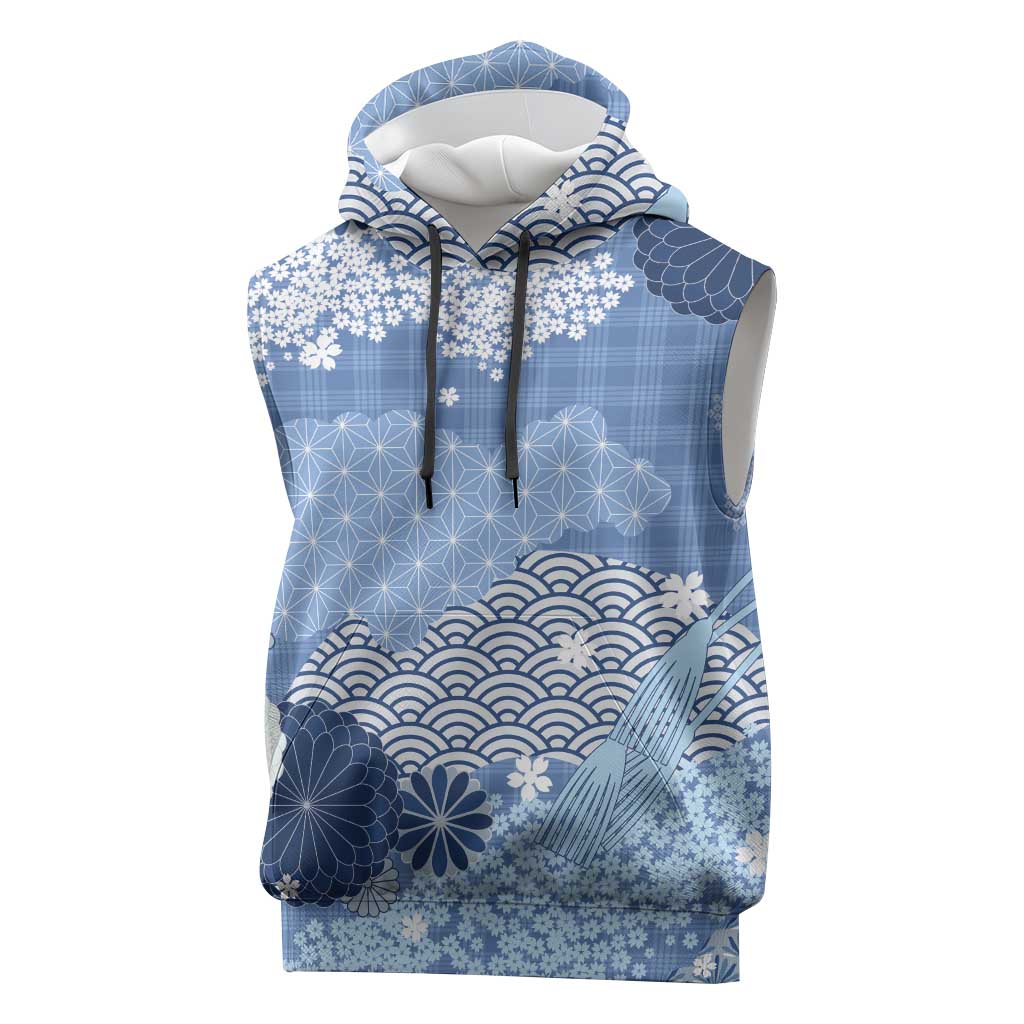 Blue Palaka Japanese Patterns Sleeveless Hoodie Asanoha Seigaiha Sakura Motif - Polynesian Pride