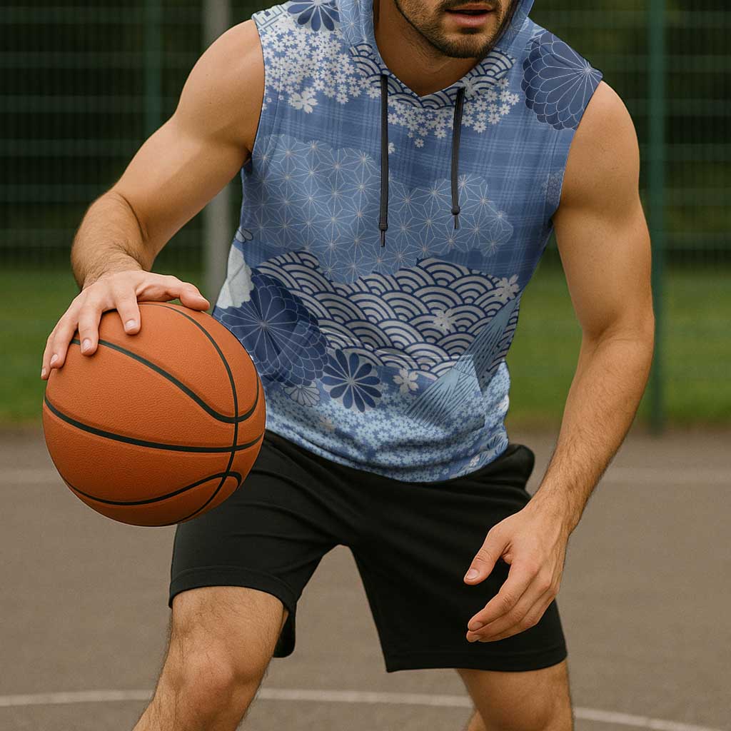 Blue Palaka Japanese Patterns Sleeveless Hoodie Asanoha Seigaiha Sakura Motif - Polynesian Pride