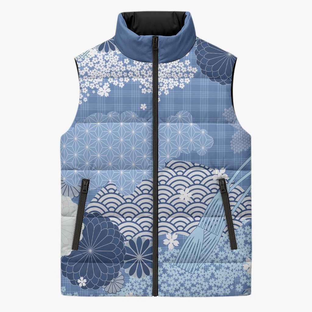 Blue Palaka Japanese Patterns Sleeveless Puffer Jacket Asanoha Seigaiha Sakura Motif - Polynesian Pride