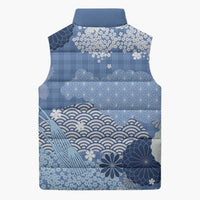 Blue Palaka Japanese Patterns Sleeveless Puffer Jacket Asanoha Seigaiha Sakura Motif - Polynesian Pride