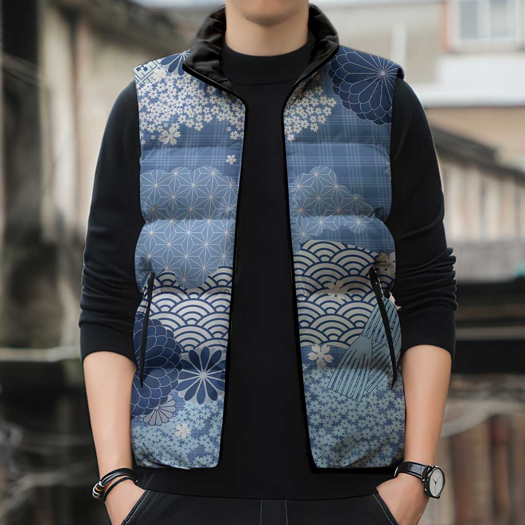 Blue Palaka Japanese Patterns Sleeveless Puffer Jacket Asanoha Seigaiha Sakura Motif - Polynesian Pride