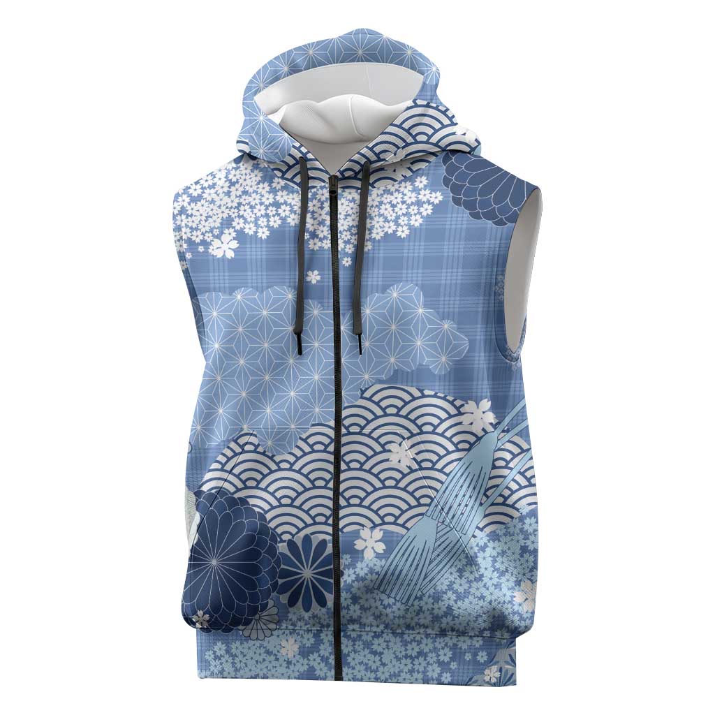 Blue Palaka Japanese Patterns Sleeveless Zip Hoodie Asanoha Seigaiha Sakura Motif LT14 Blue - Polynesian Pride