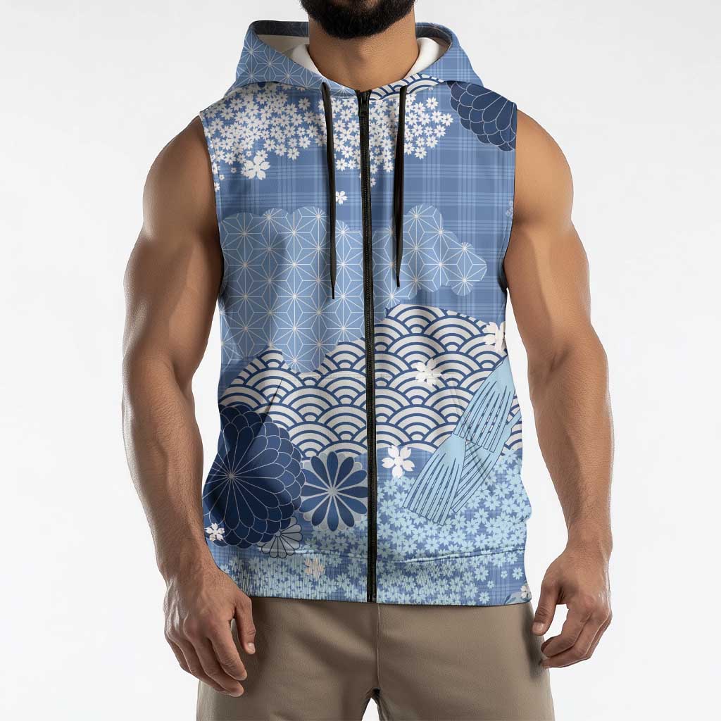 Blue Palaka Japanese Patterns Sleeveless Zip Hoodie Asanoha Seigaiha Sakura Motif LT14 - Polynesian Pride