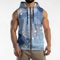Blue Palaka Japanese Patterns Sleeveless Zip Hoodie Asanoha Seigaiha Sakura Motif LT14 - Polynesian Pride