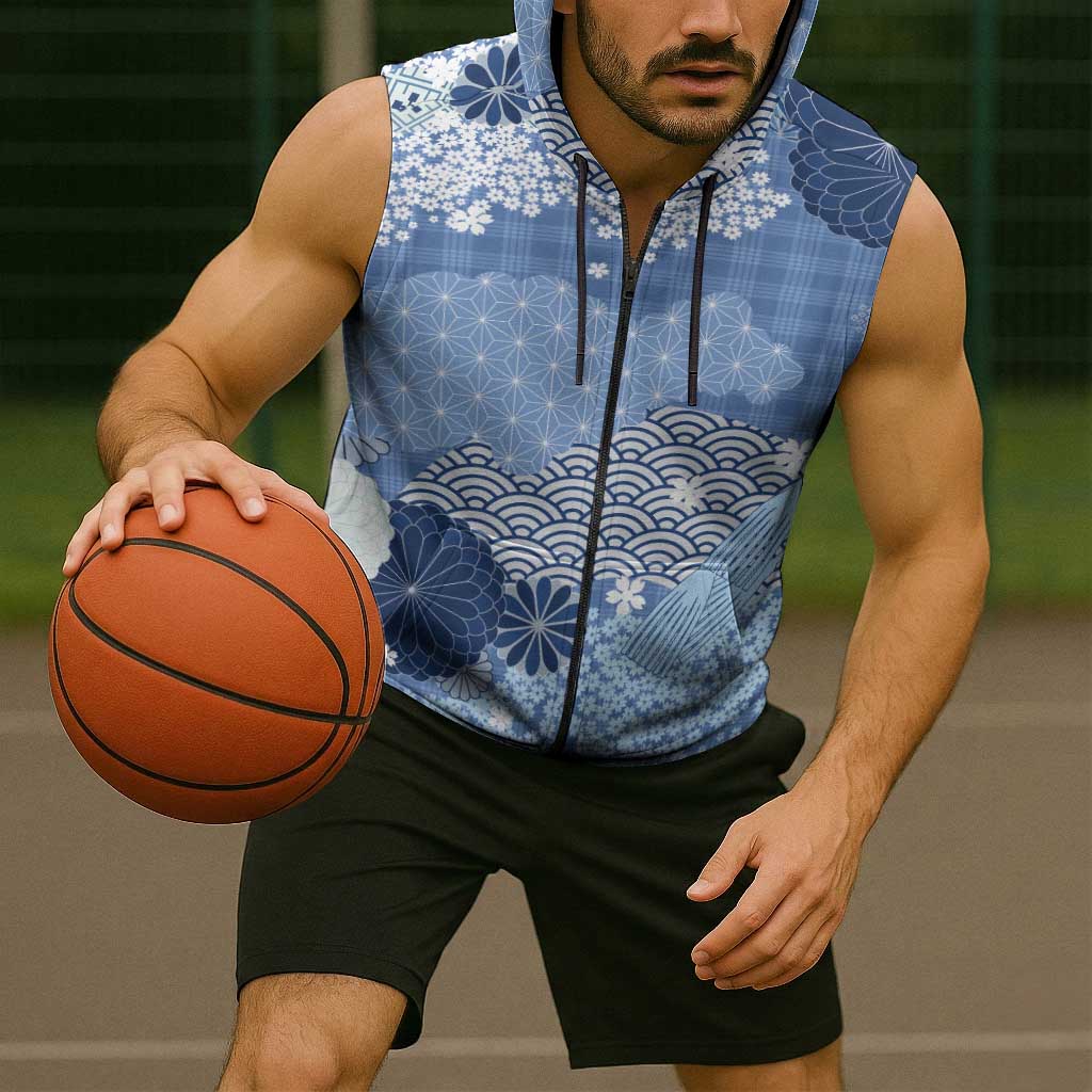 Blue Palaka Japanese Patterns Sleeveless Zip Hoodie Asanoha Seigaiha Sakura Motif LT14 - Polynesian Pride