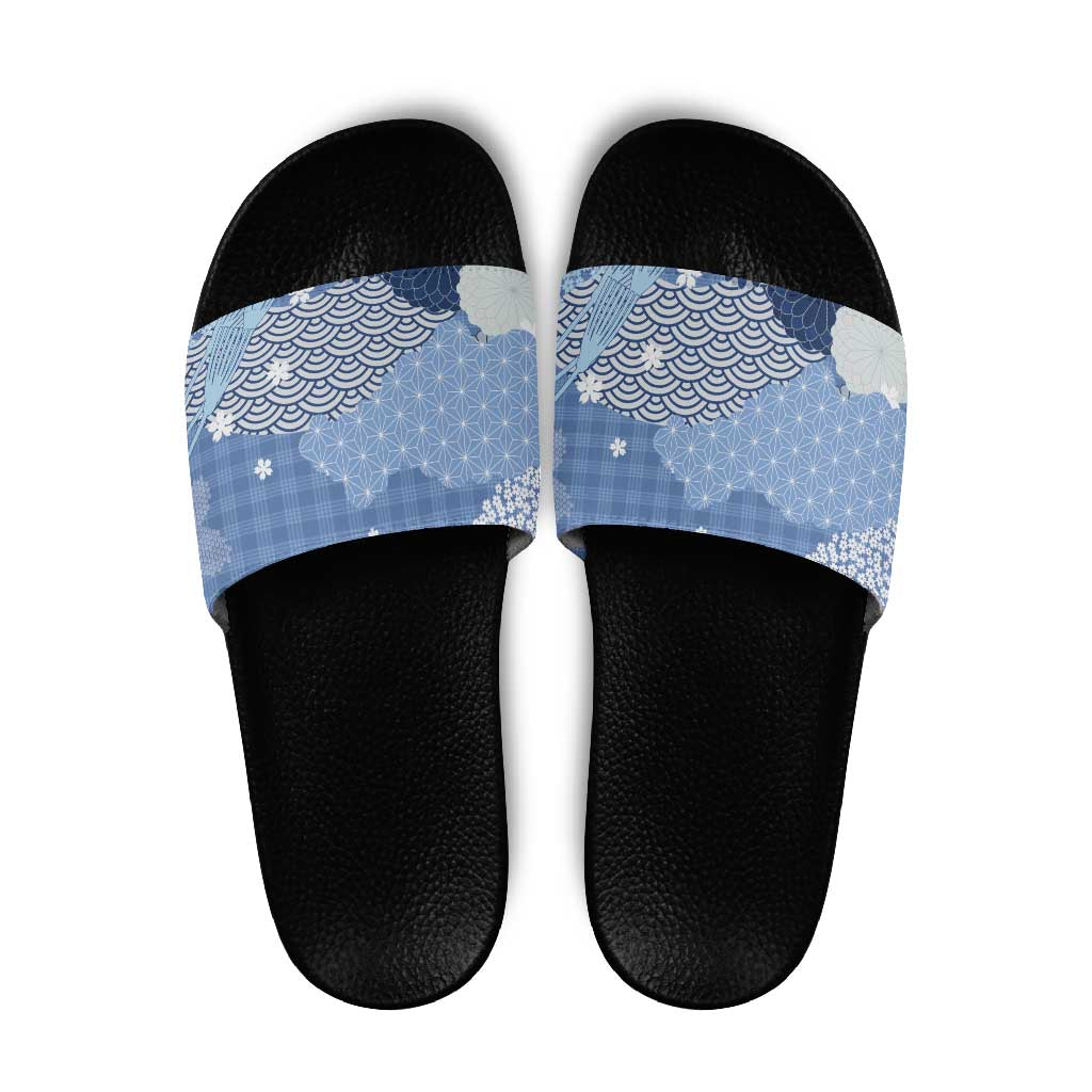 Blue Palaka Japanese Patterns Slide Sandals Asanoha Seigaiha Sakura Motif - Polynesian Pride