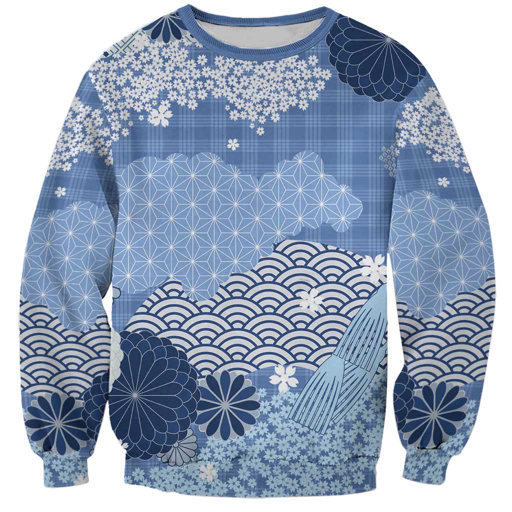 Blue Palaka Japanese Patterns Sweatshirt Asanoha Seigaiha Sakura Motif - Polynesian Pride
