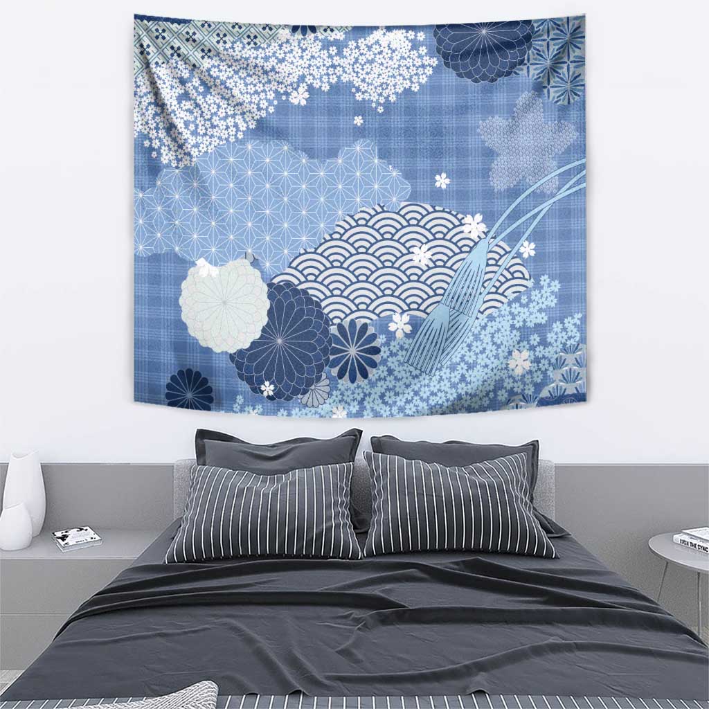 Blue Palaka Japanese Patterns Tapestry Asanoha Seigaiha Sakura Motif LT14 - Polynesian Pride