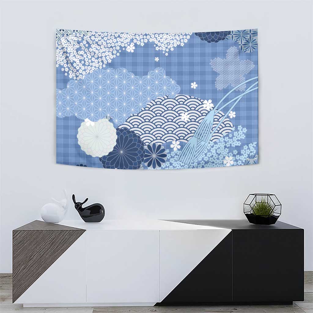 Blue Palaka Japanese Patterns Tapestry Asanoha Seigaiha Sakura Motif LT14 - Polynesian Pride