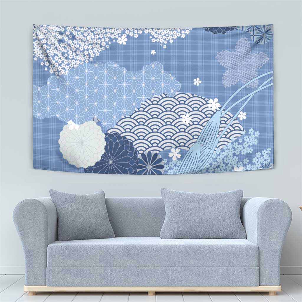 Blue Palaka Japanese Patterns Tapestry Asanoha Seigaiha Sakura Motif LT14 - Polynesian Pride