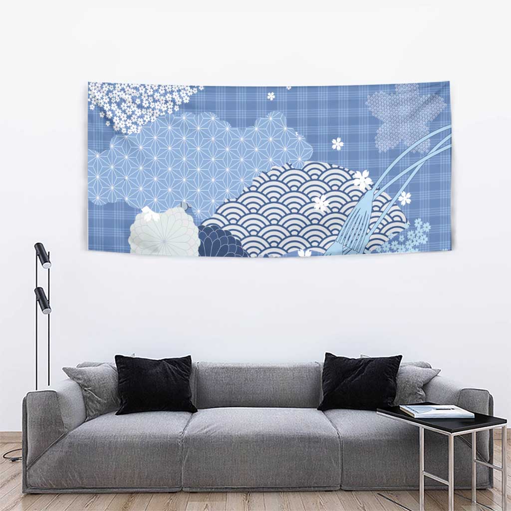 Blue Palaka Japanese Patterns Tapestry Asanoha Seigaiha Sakura Motif LT14 - Polynesian Pride