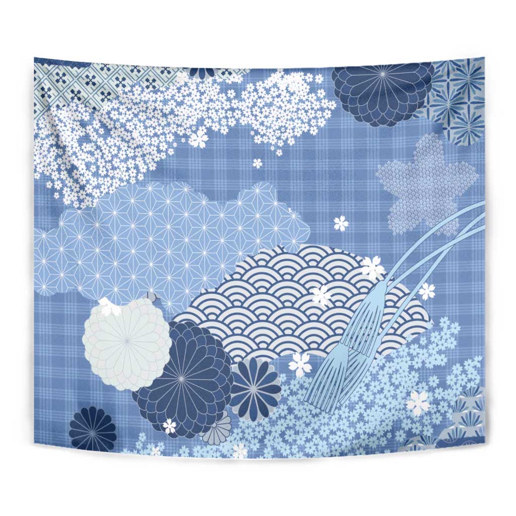 Blue Palaka Japanese Patterns Tapestry Asanoha Seigaiha Sakura Motif LT14 - Polynesian Pride