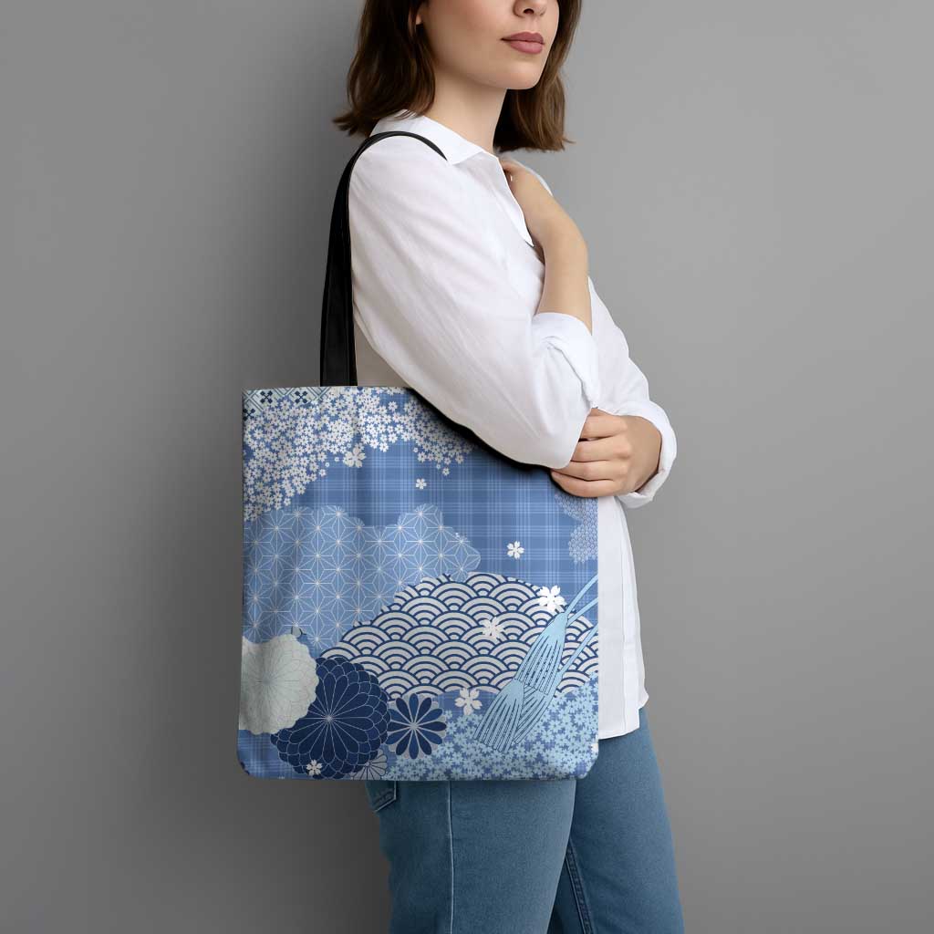 Blue Palaka Japanese Patterns Tote Bag Asanoha Seigaiha Sakura Motif - Polynesian Pride