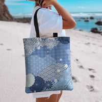 Blue Palaka Japanese Patterns Tote Bag Asanoha Seigaiha Sakura Motif - Polynesian Pride