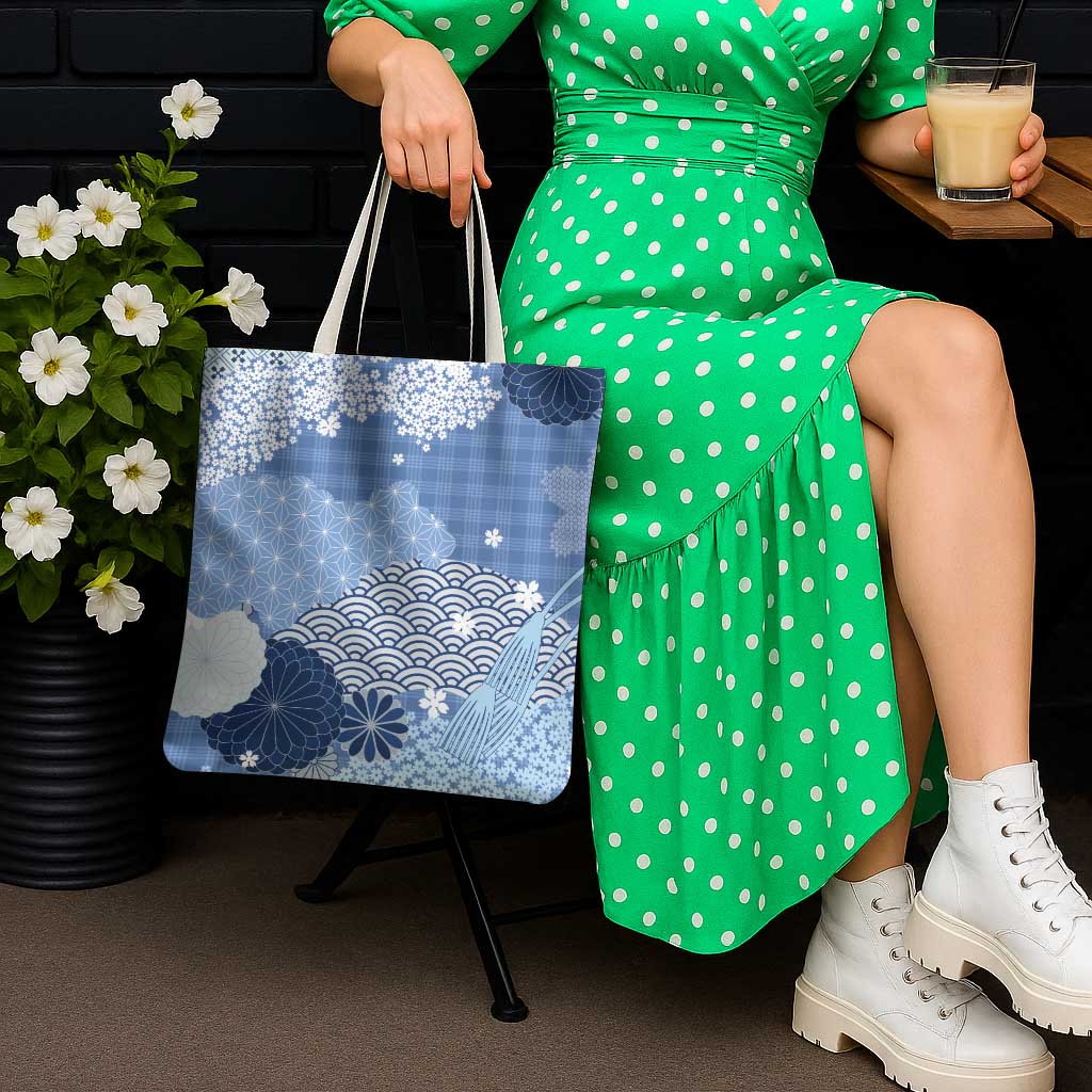 Blue Palaka Japanese Patterns Tote Bag Asanoha Seigaiha Sakura Motif - Polynesian Pride