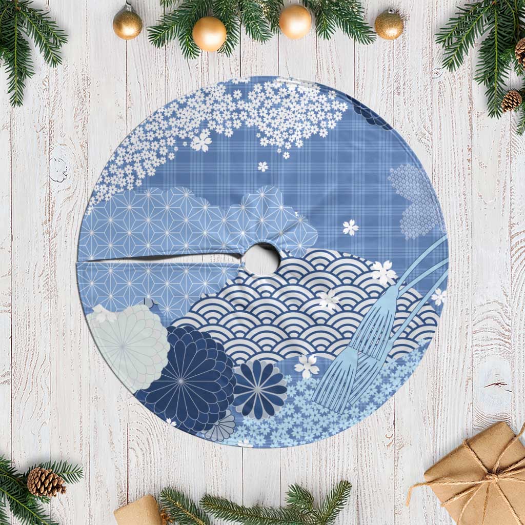 Blue Palaka Japanese Patterns Tree Skirt Asanoha Seigaiha Sakura Motif - Polynesian Pride