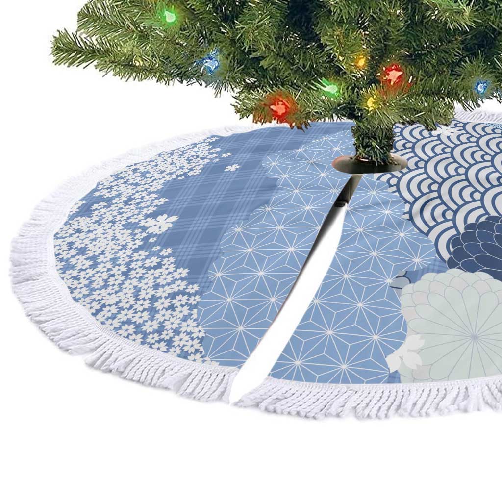 Blue Palaka Japanese Patterns Tree Skirt Asanoha Seigaiha Sakura Motif - Polynesian Pride