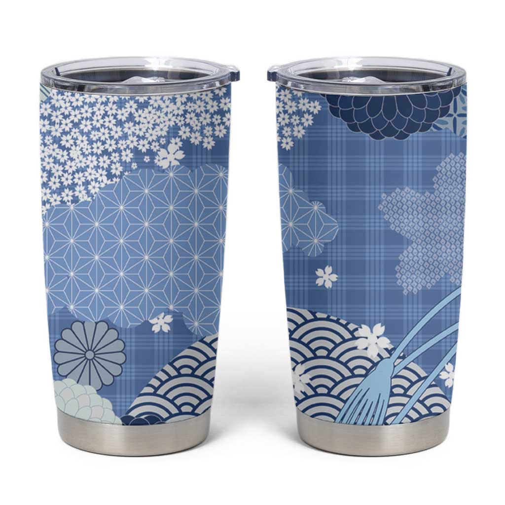 Blue Palaka Japanese Patterns Tumbler Cup Asanoha Seigaiha Sakura Motif - Polynesian Pride
