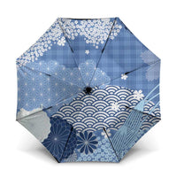Blue Palaka Japanese Patterns Umbrella Asanoha Seigaiha Sakura Motif - Polynesian Pride