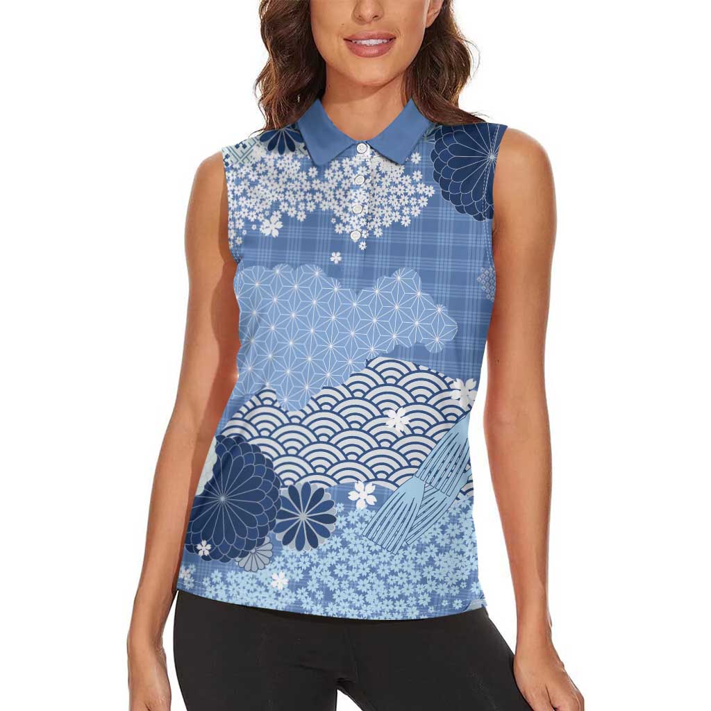 Blue Palaka Japanese Patterns Women Sleeveless Polo Shirt Asanoha Seigaiha Sakura Motif - Polynesian Pride