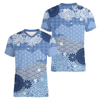 Blue Palaka Japanese Patterns Women V-Neck T-Shirt Asanoha Seigaiha Sakura Motif - Polynesian Pride