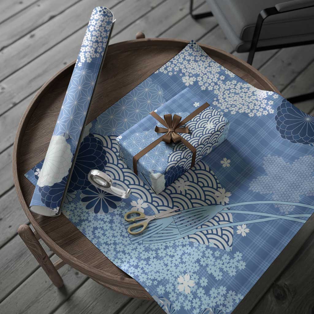 Blue Palaka Japanese Patterns Wrapping Paper Asanoha Seigaiha Sakura Motif - Polynesian Pride