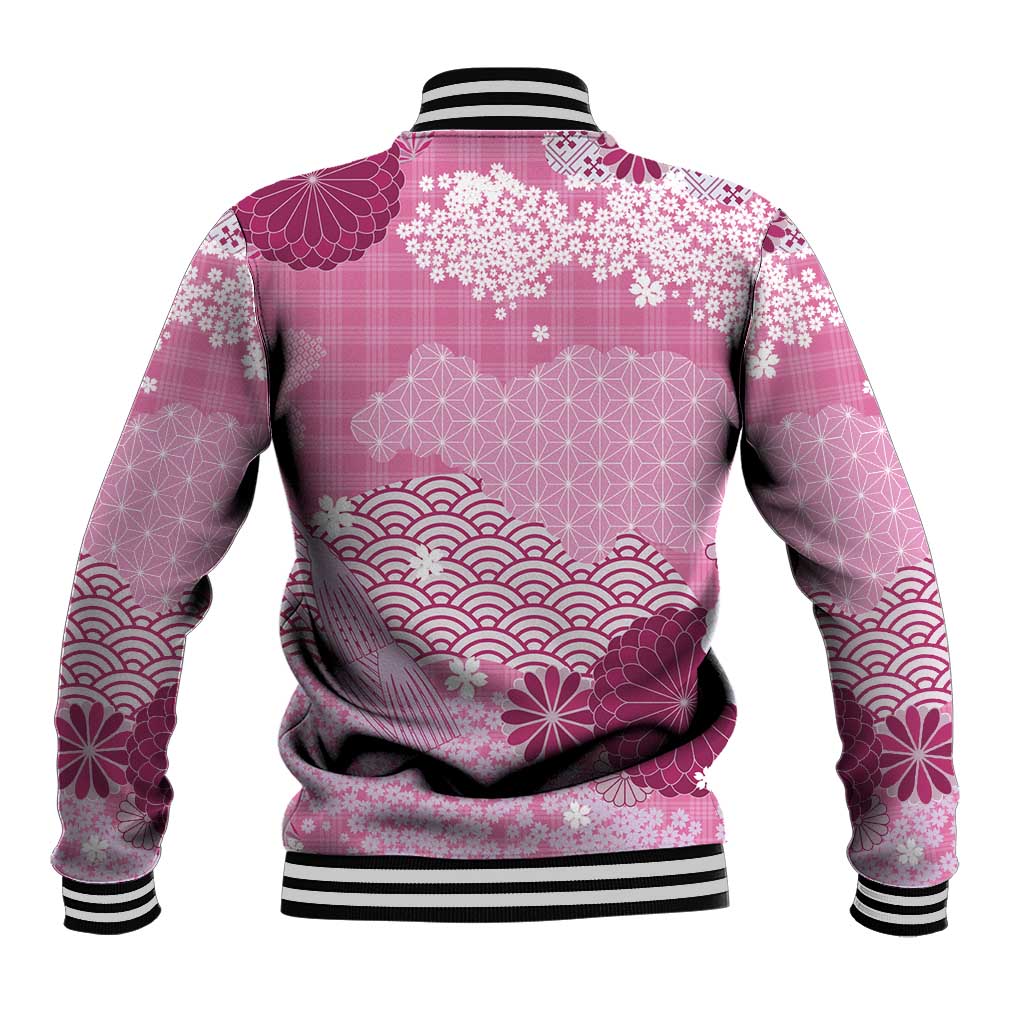 Pink Palaka Japanese Patterns Baseball Jacket Asanoha Seigaiha Sakura Motif - Polynesian Pride