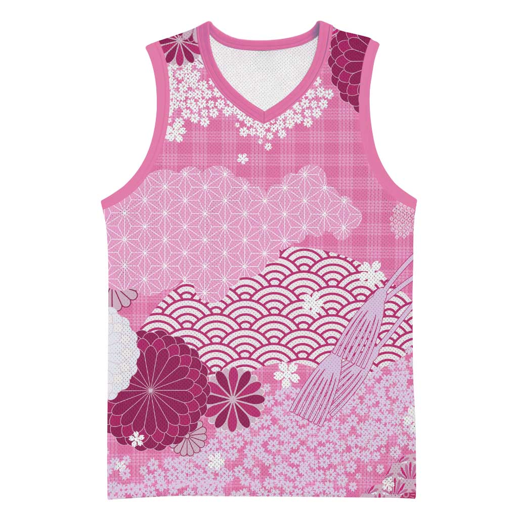 Pink Palaka Japanese Patterns Basketball Jersey Asanoha Seigaiha Sakura Motif - Polynesian Pride