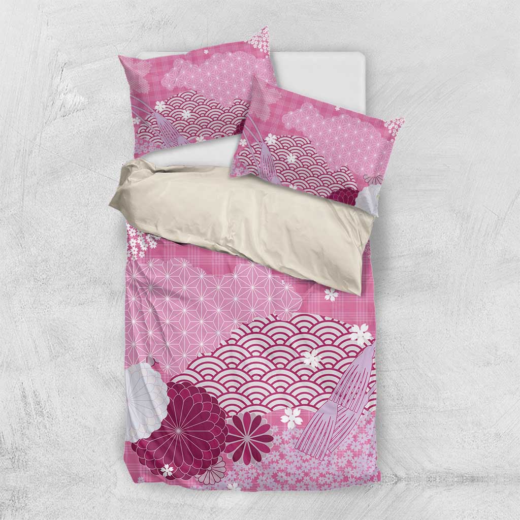 Pink Palaka Japanese Patterns Bedding Set Asanoha Seigaiha Sakura Motif - Polynesian Pride