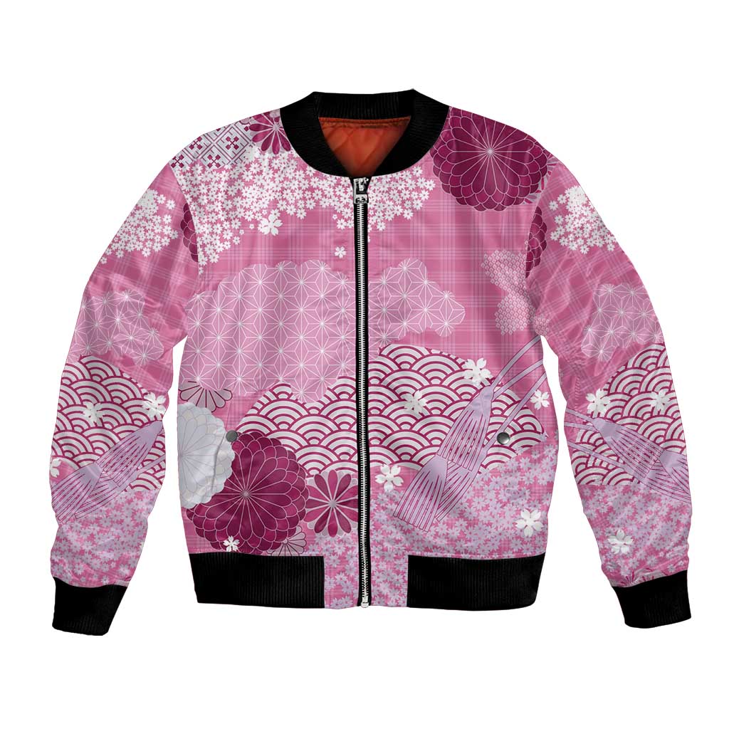 Pink Palaka Japanese Patterns Bomber Jacket Asanoha Seigaiha Sakura Motif - Polynesian Pride