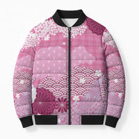Pink Palaka Japanese Patterns Bomber Puffer Jacket Asanoha Seigaiha Sakura Motif - Polynesian Pride