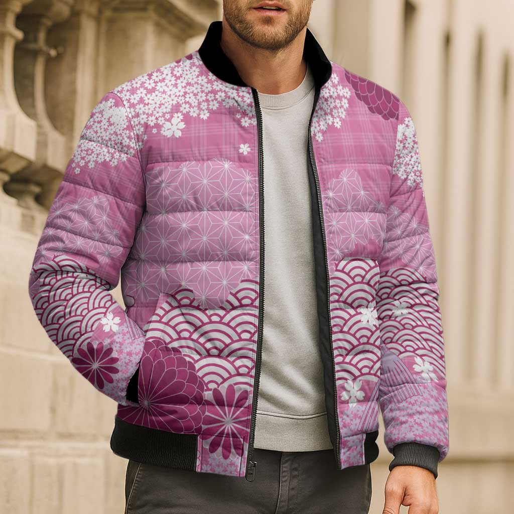 Pink Palaka Japanese Patterns Bomber Puffer Jacket Asanoha Seigaiha Sakura Motif - Polynesian Pride