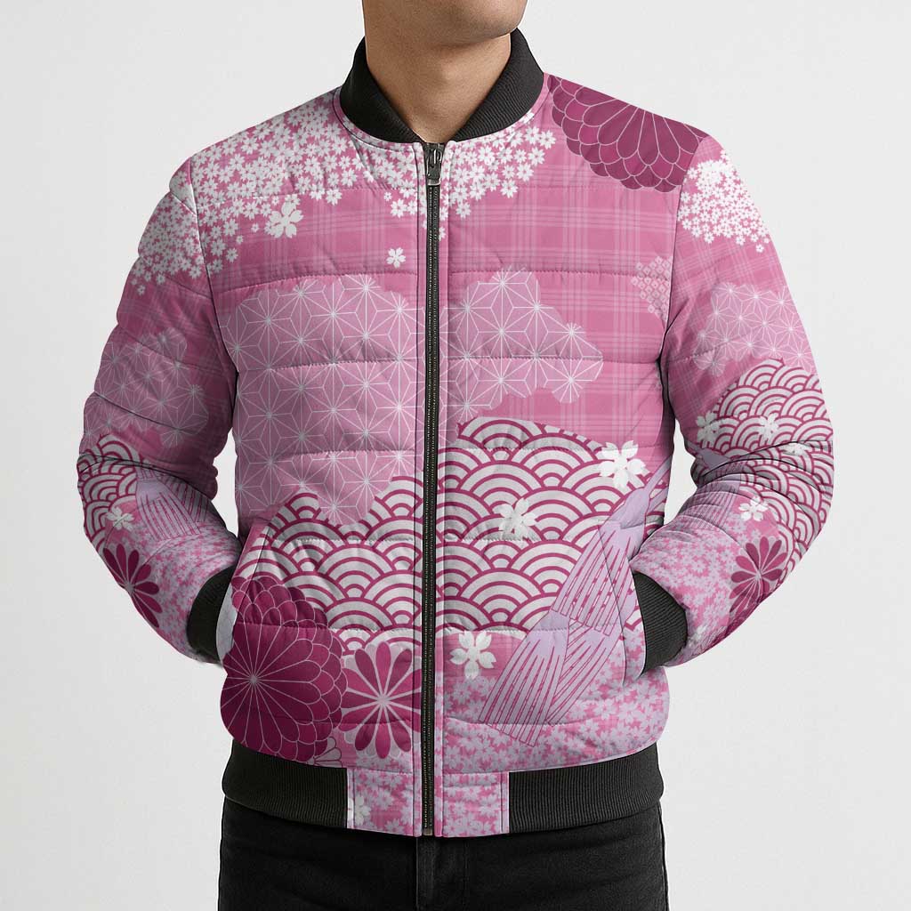 Pink Palaka Japanese Patterns Bomber Puffer Jacket Asanoha Seigaiha Sakura Motif - Polynesian Pride