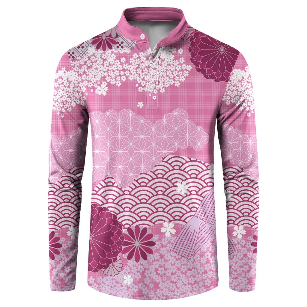 Pink Palaka Japanese Patterns Button Sweatshirt Asanoha Seigaiha Sakura Motif - Polynesian Pride