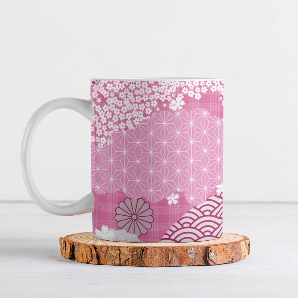 Pink Palaka Japanese Patterns Ceramic Mug Asanoha Seigaiha Sakura Motif - Polynesian Pride