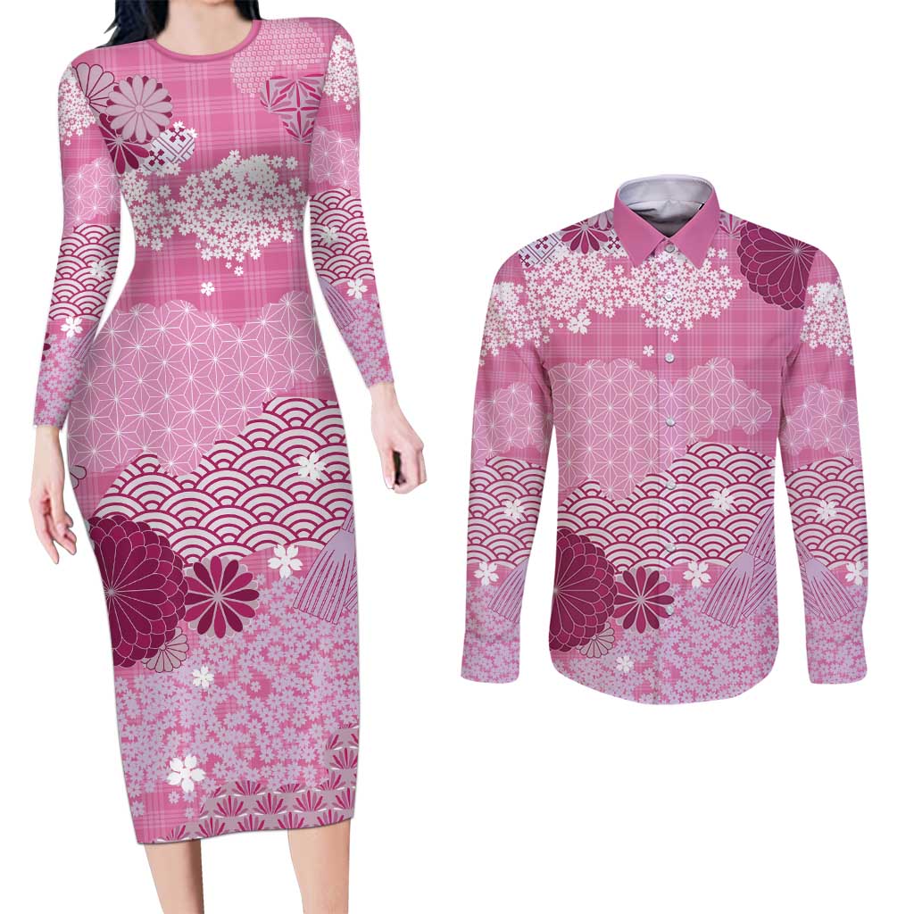 Pink Palaka Japanese Patterns Couples Matching Long Sleeve Bodycon Dress and Long Sleeve Button Shirt Asanoha Seigaiha Sakura Motif - Polynesian Pride