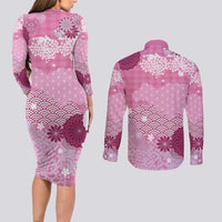 Pink Palaka Japanese Patterns Couples Matching Long Sleeve Bodycon Dress and Long Sleeve Button Shirt Asanoha Seigaiha Sakura Motif - Polynesian Pride
