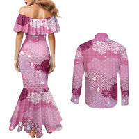 Pink Palaka Japanese Patterns Couples Matching Mermaid Dress and Long Sleeve Button Shirt Asanoha Seigaiha Sakura Motif - Polynesian Pride