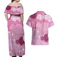 Pink Palaka Japanese Patterns Couples Matching Off Shoulder Maxi Dress and Hawaiian Shirt Asanoha Seigaiha Sakura Motif - Polynesian Pride