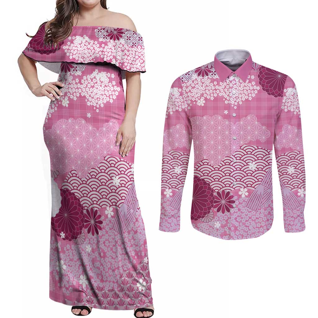 Pink Palaka Japanese Patterns Couples Matching Off Shoulder Maxi Dress and Long Sleeve Button Shirt Asanoha Seigaiha Sakura Motif - Polynesian Pride