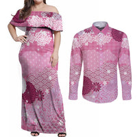 Pink Palaka Japanese Patterns Couples Matching Off Shoulder Maxi Dress and Long Sleeve Button Shirt Asanoha Seigaiha Sakura Motif - Polynesian Pride