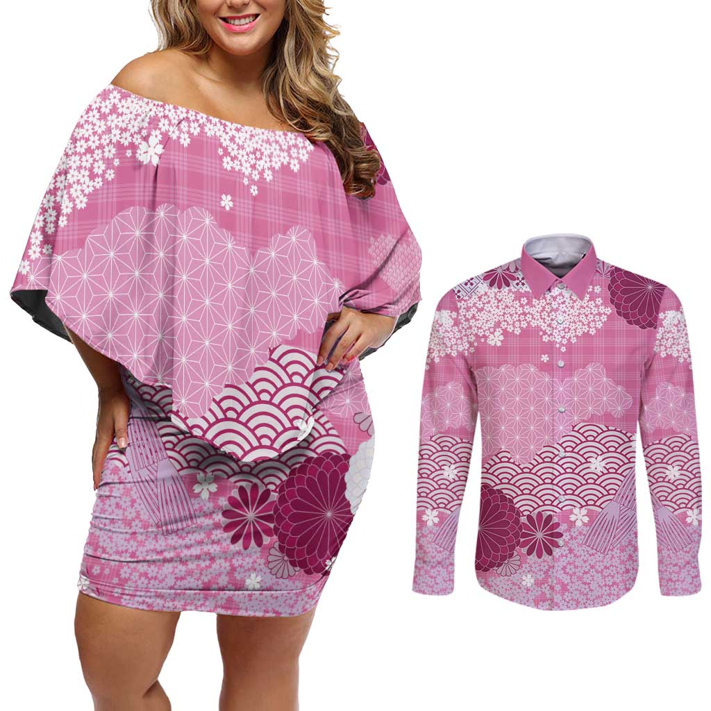 Pink Palaka Japanese Patterns Couples Matching Off Shoulder Short Dress and Long Sleeve Button Shirt Asanoha Seigaiha Sakura Motif - Polynesian Pride