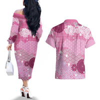 Pink Palaka Japanese Patterns Couples Matching Off The Shoulder Long Sleeve Dress and Hawaiian Shirt Asanoha Seigaiha Sakura Motif - Polynesian Pride
