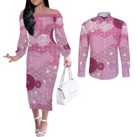 Pink Palaka Japanese Patterns Couples Matching Off The Shoulder Long Sleeve Dress and Long Sleeve Button Shirt Asanoha Seigaiha Sakura Motif - Polynesian Pride