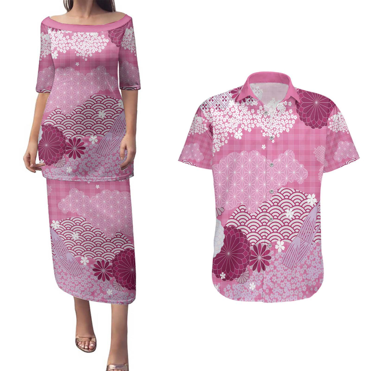 Pink Palaka Japanese Patterns Couples Matching Puletasi and Hawaiian Shirt Asanoha Seigaiha Sakura Motif - Polynesian Pride
