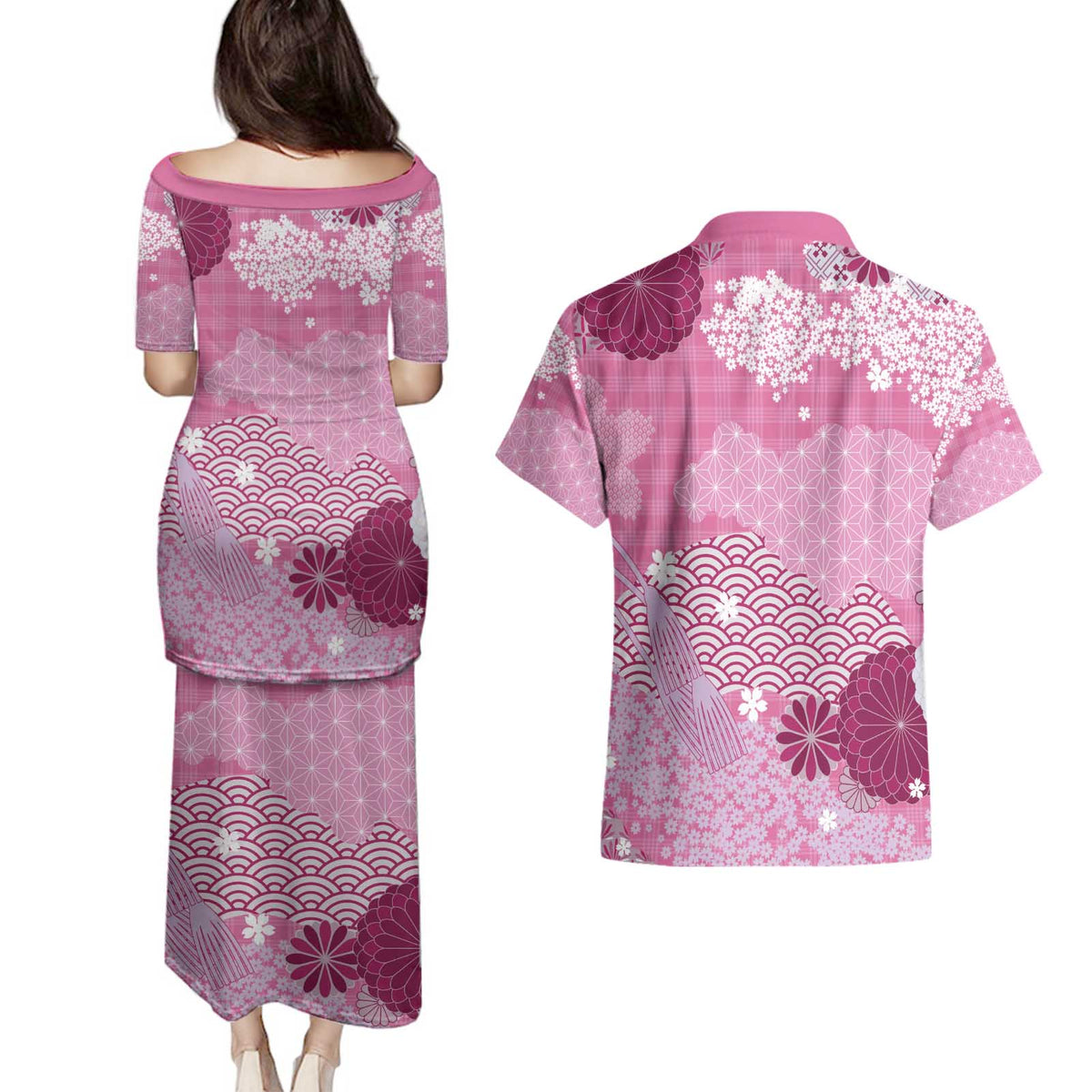 Pink Palaka Japanese Patterns Couples Matching Puletasi and Hawaiian Shirt Asanoha Seigaiha Sakura Motif - Polynesian Pride