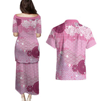 Pink Palaka Japanese Patterns Couples Matching Puletasi and Hawaiian Shirt Asanoha Seigaiha Sakura Motif - Polynesian Pride